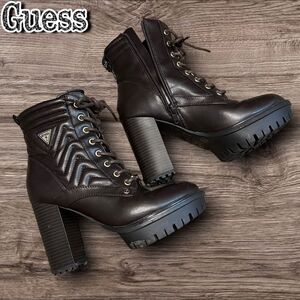 Preowned EUC GUESS Quilted Lace-Up Platform Heeled Boots – Size 5.5M